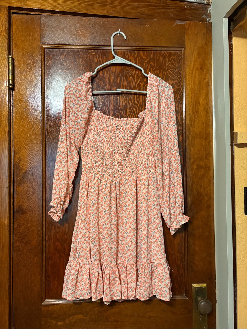 Wish Coral Pink Floral Smocked Long-Sleeve Tiered Dress